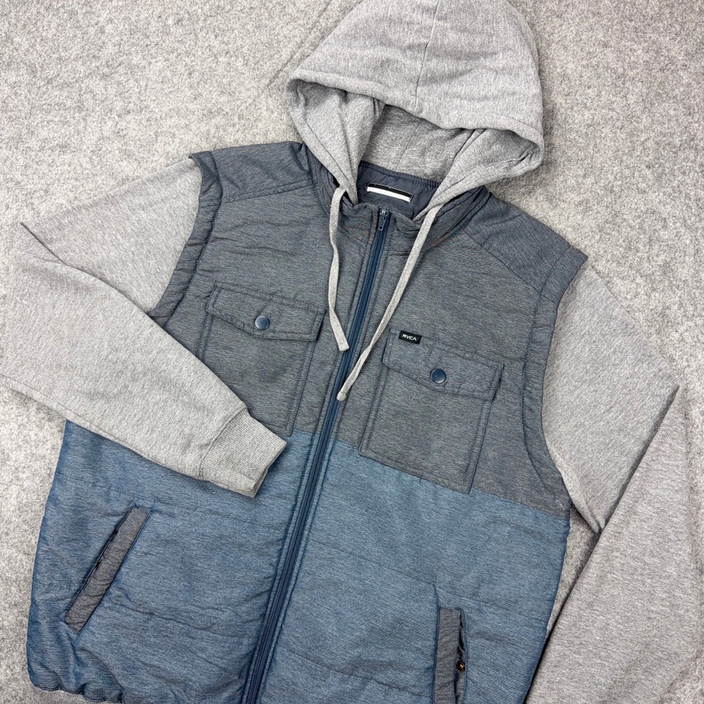 RVCA Jacket Mens Large Blue Gray Hybrid Quilted Hooded Full Zip Skate Surf